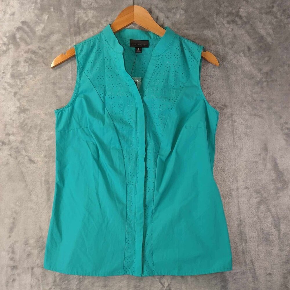 Worthington‎ Women's S Tropical Green Vibrant Sleeveless Eyelit Botton Up Blouse